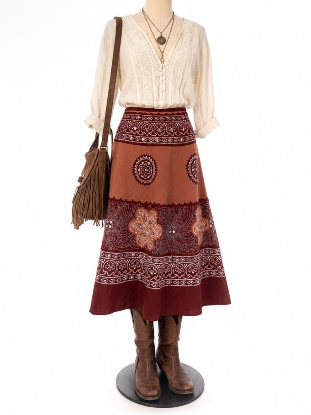 VTG Y2K Earthy Boho Geo Print Sequin Statement Midi Skirt Indie Granola Hippie